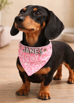 Hundehalstuch mit Namen und Hundehalsband aus echtem Leder. Besetzt mit glitzer Strass-Buchstaben