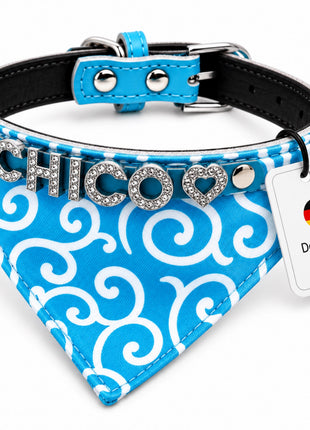 Personalized dog bandana and genuine leather dog collar. Decorated with sparkling rhinestone letters.