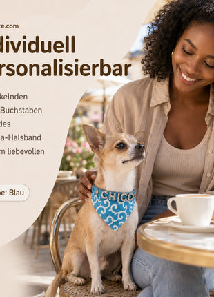 Personalized dog bandana and genuine leather dog collar. Decorated with sparkling rhinestone letters.