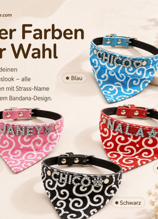 Personalized dog bandana and genuine leather dog collar. Decorated with sparkling rhinestone letters.
