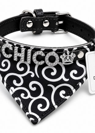 Personalized dog bandana and genuine leather dog collar. Decorated with sparkling rhinestone letters.
