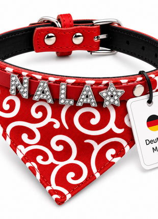 Personalized dog bandana and genuine leather dog collar. Decorated with sparkling rhinestone letters.