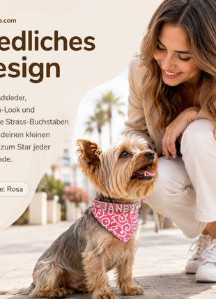 Personalized dog bandana and genuine leather dog collar. Decorated with sparkling rhinestone letters.