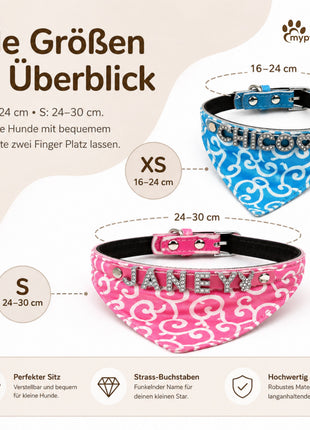 Personalized dog bandana and genuine leather dog collar. Decorated with sparkling rhinestone letters.