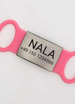 Klapperfreie Hundemarke Silikonslider mit Edelstahl-Schild für Halsbänder inkl. GRATIS Gravur