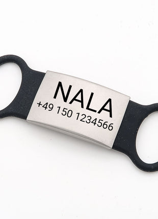 Klapperfreie Hundemarke Silikonslider mit Edelstahl-Schild für Halsbänder inkl. GRATIS Gravur