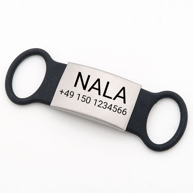 Klapperfreie Hundemarke Silikonslider mit Edelstahl-Schild für Halsbänder inkl. GRATIS Gravur