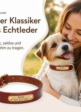 Leder Hundehalsband mit goldfarbener Marke, Gravur Name und Telefon