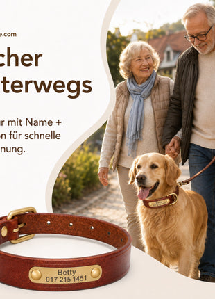 Leder Hundehalsband mit goldfarbener Marke, Gravur Name und Telefon
