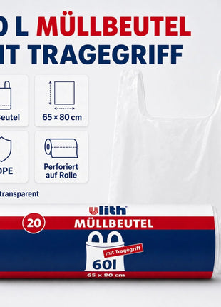 Müllbeutel mit Tragegriff 60L | Reißfest & Flüssigkeitsdicht