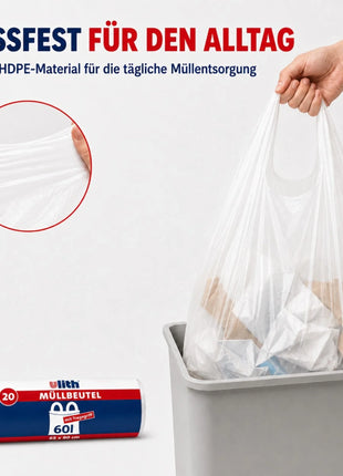 Müllbeutel mit Tragegriff 60L | Reißfest & Flüssigkeitsdicht