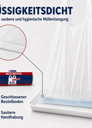 Müllbeutel mit Tragegriff 60L | Reißfest & Flüssigkeitsdicht