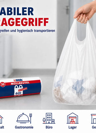 Müllbeutel mit Tragegriff 60L | Reißfest & Flüssigkeitsdicht