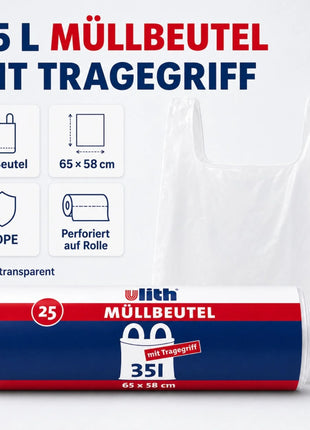 35L Müllbeutel mit Tragegriff - Transparent - Reißfest & Flüssigkeitsdicht
