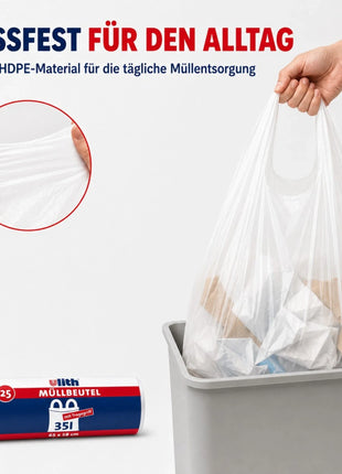 35L Müllbeutel mit Tragegriff - Transparent - Reißfest & Flüssigkeitsdicht