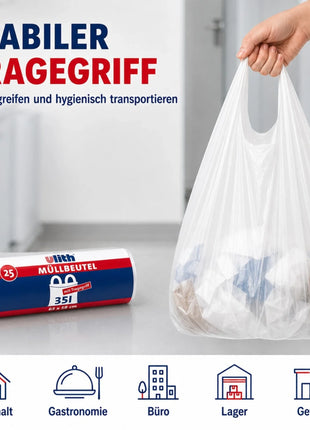 35L Müllbeutel mit Tragegriff - Transparent - Reißfest & Flüssigkeitsdicht