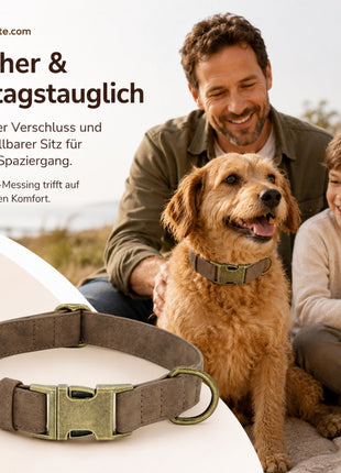 Edles Hundehalsband im Vintagelook mit Messingschnalle und kostenloser Gravur Name und Telefon