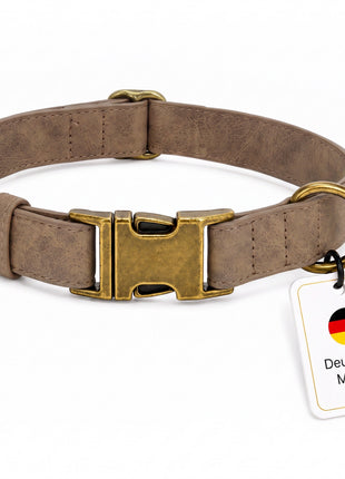 Edles Hundehalsband im Vintagelook mit Messingschnalle und kostenloser Gravur Name und Telefon