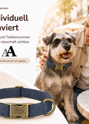 Edles Hundehalsband im Vintagelook mit Messingschnalle und kostenloser Gravur Name und Telefon