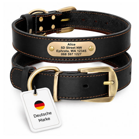 Elegant cowhide leather dog collar with engraving of name and telephone number.