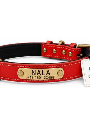Hundehalsband mit Namen auf Messingschild aus hochwertigem Leder, Innenpolsterung aus Neopren, 2 massive D-Ringe