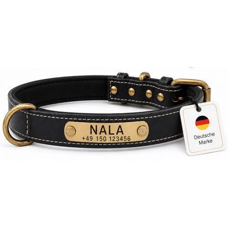 Hundehalsband mit Namen auf Messingschild aus hochwertigem Leder, Innenpolsterung aus Neopren, 2 massive D-Ringe