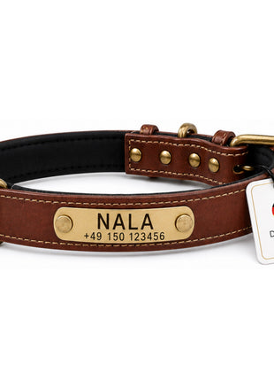 Hundehalsband mit Namen auf Messingschild aus hochwertigem Leder, Innenpolsterung aus Neopren, 2 massive D-Ringe