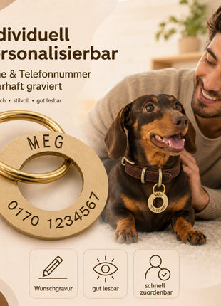 Ring-shaped dog tag with engraving, brushed brass, 30mm
