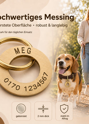 Ring-shaped dog tag with engraving, brushed brass, 30mm