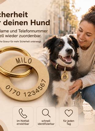 Ring-shaped dog tag with engraving, brushed brass, 30mm