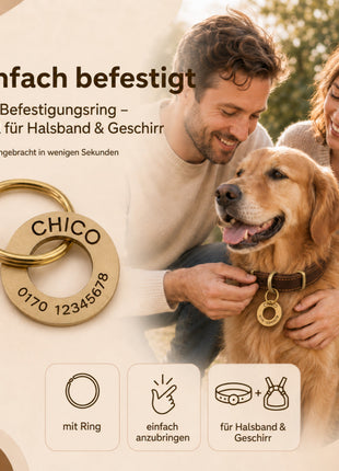 Ring-shaped dog tag with engraving, brushed brass, 30mm