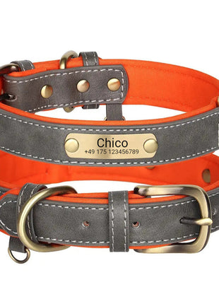 Schickes Hundehalsband mit Gravur, PU grau, Neopren Mesh innen orange, Ring für Hundemarken