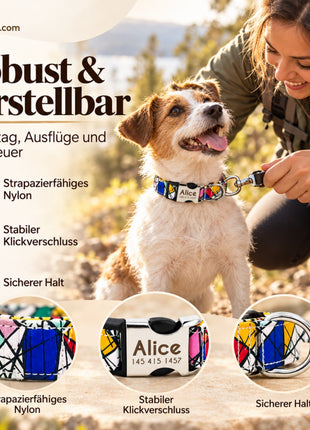 Hundehalsband "Miro" mit Namen und Telefon graviert, Nylon, Art Style