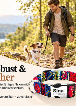 Hundehalsband „Sina“ – Personalisiert mit Namen & Nummer | Verstellbar, bunt & robust