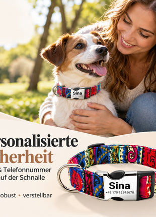Hundehalsband „Sina“ – Personalisiert mit Namen & Nummer | Verstellbar, bunt & robust