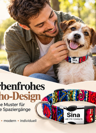 Hundehalsband „Sina“ – Personalisiert mit Namen & Nummer | Verstellbar, bunt & robust