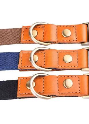 Hundehalsband "Valdo" mit Gravur – robustes PE-Gewebe & Leder – Messing matt – Marineblau, Hellblau oder Grün (S–L)