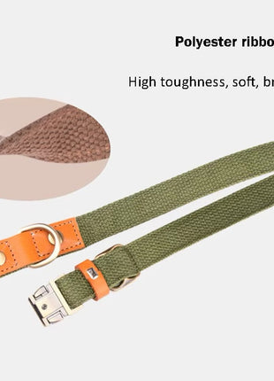 Hundehalsband "Valdo" mit Gravur – robustes PE-Gewebe & Leder – Messing matt – Marineblau, Hellblau oder Grün (S–L)