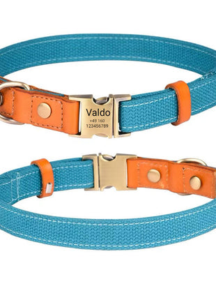 Hundehalsband "Valdo" mit Gravur – robustes PE-Gewebe & Leder – Messing matt – Marineblau, Hellblau oder Grün (S–L)