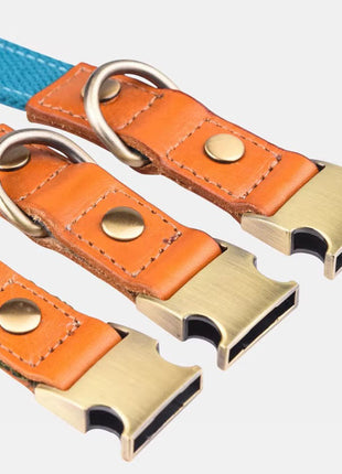 Hundehalsband "Valdo" mit Gravur – robustes PE-Gewebe & Leder – Messing matt – Marineblau, Hellblau oder Grün (S–L)