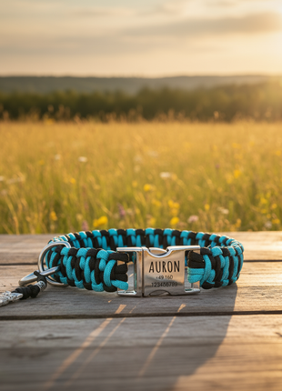 Paracord Hundhalsband "Auron" mit Gravur von Name und Telefon auf der Schnalle, drei verschiedene Größen