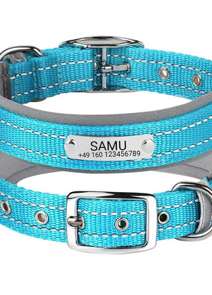 Graviertes Hundehalsband "Samu" mit Reflektor-Sicherheitsnähten. Personalisierung mit Name und Telefon