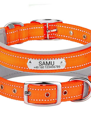 Graviertes Hundehalsband "Samu" mit Reflektor-Sicherheitsnähten. Personalisierung mit Name und Telefon