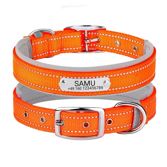 Graviertes Hundehalsband "Samu" mit Reflektor-Sicherheitsnähten. Personalisierung mit Name und Telefon