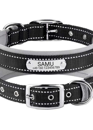Graviertes Hundehalsband "Samu" mit Reflektor-Sicherheitsnähten. Personalisierung mit Name und Telefon