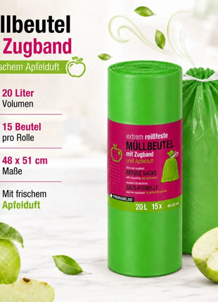 Müllbeutel mit Zugband 20L – Apfel Duft | Extrem Reißfest