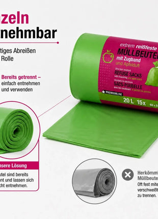 Müllbeutel mit Zugband 20L – Apfel Duft | Extrem Reißfest