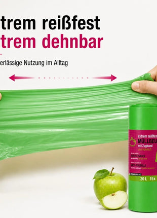 Müllbeutel mit Zugband 20L – Apfel Duft | Extrem Reißfest