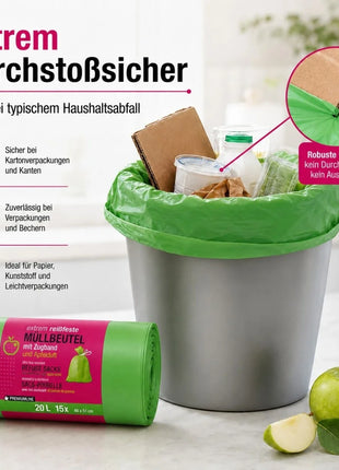 Müllbeutel mit Zugband 20L – Apfel Duft | Extrem Reißfest
