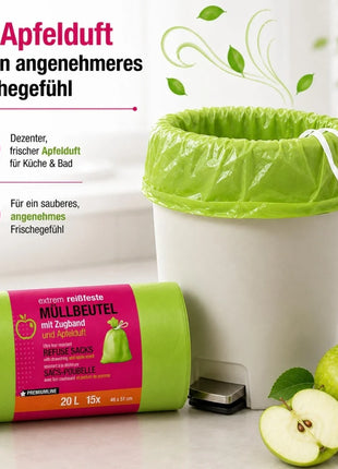 Müllbeutel mit Zugband 20L – Apfel Duft | Extrem Reißfest